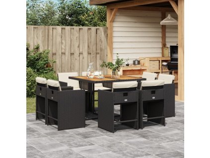 9dílný zahradní jídelní set s poduškami černý polyratan 3277970