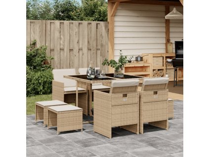 9dílný zahradní jídelní set s poduškami béžový polyratan 3277725