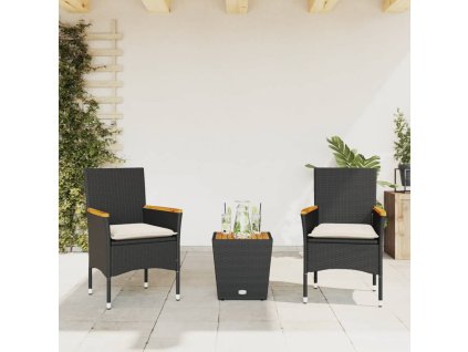 3dílný bistro set s poduškami černý polyratan a sklo 3278745