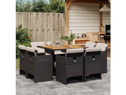 9dílný zahradní jídelní set s poduškami černý polyratan 3277790