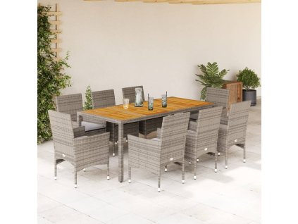 9dílný zahradní jídelní set s poduškami šedý polyratan a akácie 3278680