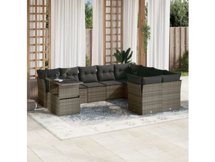 10dílná zahradní sedací souprava s poduškami šedá polyratan 3266850