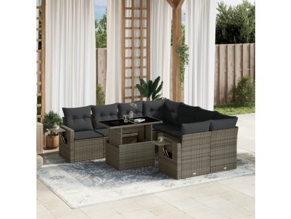 9dílná zahradní sedací souprava s poduškami šedá polyratan 3267800