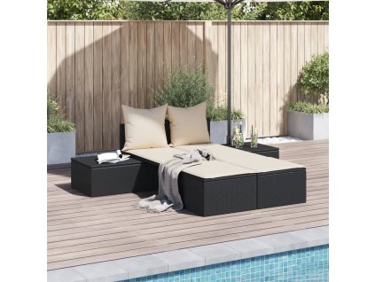 Dvojité zahradní lehátko s poduškami černé polyratan 368389
