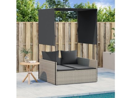 Dvojité lehátko se střechou a závěsy světle šedé polyratan 4002760