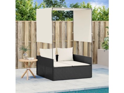 Dvojité lehátko se střechou a závěsy černé polyratan 4002755