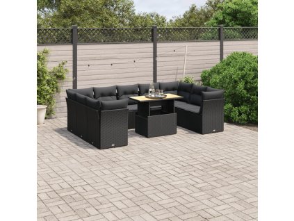 10dílná zahradní sedací souprava s poduškami černá polyratan 3270992