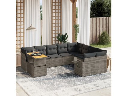 10dílná zahradní sedací souprava s poduškami šedá polyratan 3271921