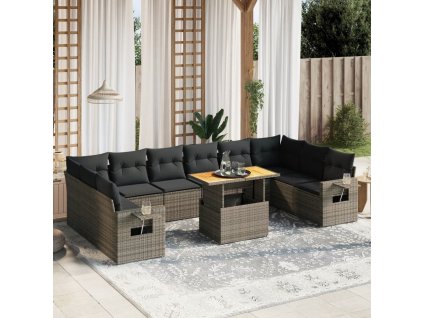 11dílná zahradní sedací souprava s poduškami šedá polyratan 3271928