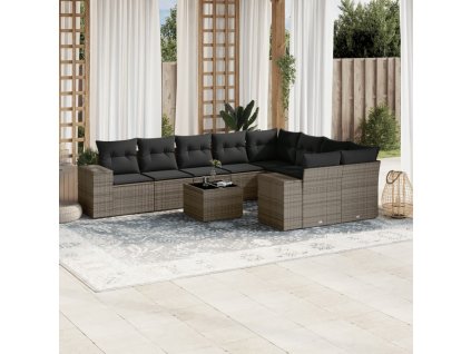 10dílná zahradní sedací souprava s poduškami šedá polyratan 3223049