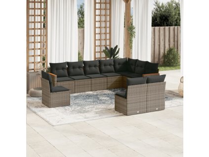 10dílná zahradní sedací souprava s poduškami šedá polyratan 3226074