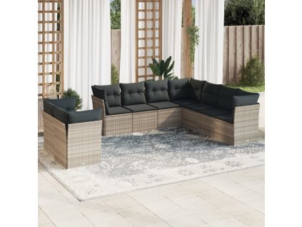 9dílná zahradní sedací souprava a podušky světle šedá polyratan 3249681