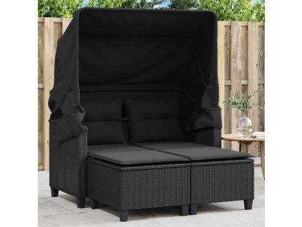 Zahradní pohovka 2místná se stříškou a taburety černá polyratan 365781