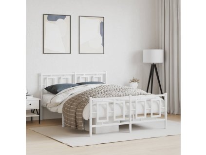 Kovový rám postele s hlavovým a nožním čelem bílý 135 x 190 cm 374307