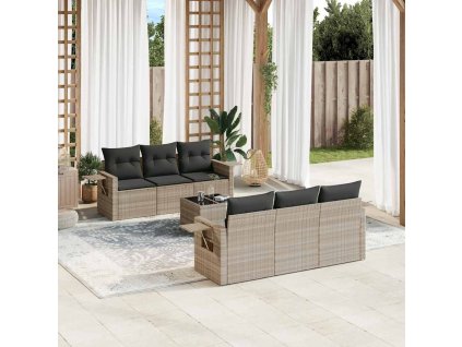 7dílná zahradní sedací souprava a podušky světle šedá polyratan 3219911