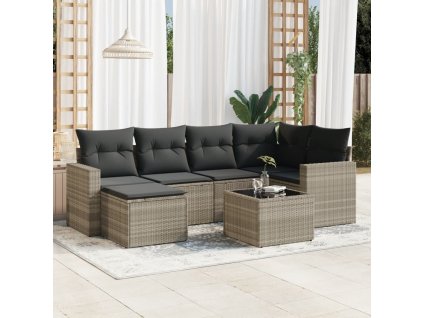 7dílná zahradní sedací souprava a podušky světle šedá polyratan 3219262