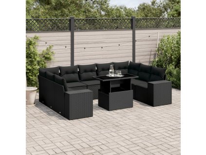 10dílná zahradní sedací souprava s poduškami černá polyratan 3269365