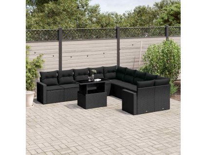 11dílná zahradní sedací souprava s poduškami černá polyratan 3267535