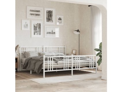 Kovový rám postele s hlavovým a nožním čelem bílý 183 x 213 cm 376396