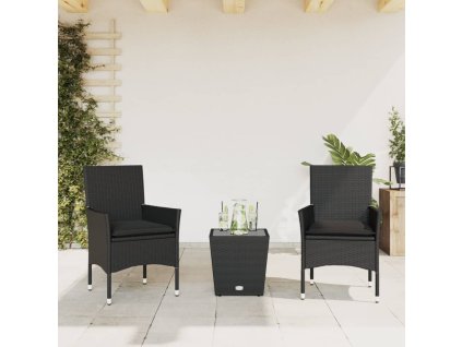 3dílný bistro set s poduškami černý polyratan a sklo 3278740
