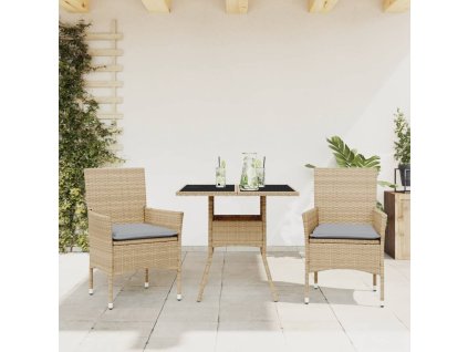 3dílný zahradní jídelní set s poduškami béžový polyratan a sklo 3278607