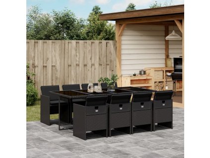 9dílný zahradní jídelní set s poduškami černý polyratan 3277686