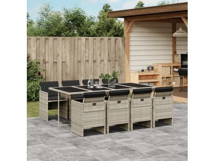 9dílný zahradní jídelní set s poduškami světle šedý polyratan 3277690