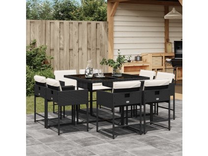 9dílný zahradní jídelní set s poduškami černý polyratan 3278141
