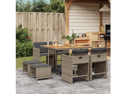 9dílný zahradní jídelní set s poduškami šedý polyratan 3277909
