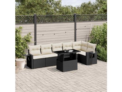7dílná zahradní sedací souprava s poduškami černá polyratan 3267916