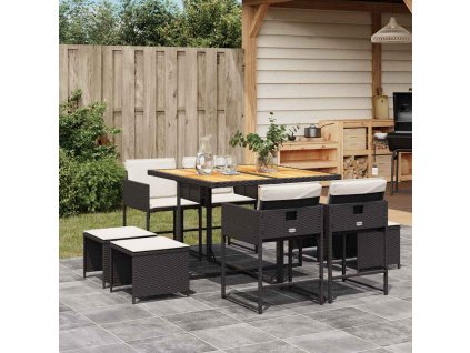 9dílný zahradní jídelní set s poduškami černý polyratan 3278090
