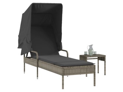 Zahradní lehátko se stříškou a stolkem šedé polyratan 368199
