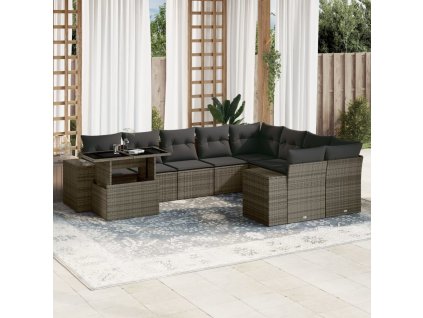 10dílná zahradní sedací souprava s poduškami šedá polyratan 3269400