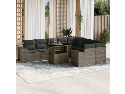 10dílná zahradní sedací souprava s poduškami šedá polyratan 3269390