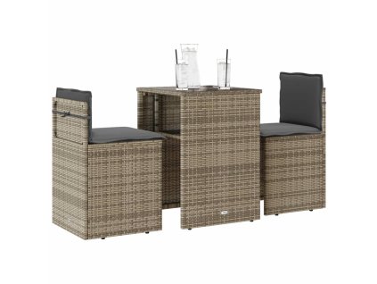 3dílný bistro set s poduškami šedý polyratan 4003871