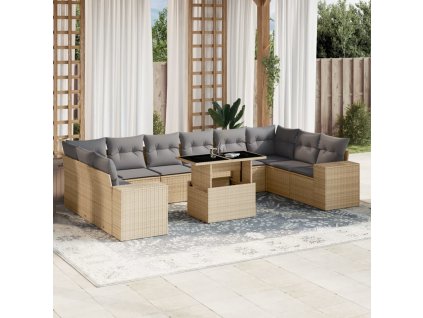 11dílný zahradní sedací souprava s poduškami béžový polyratan 3269409