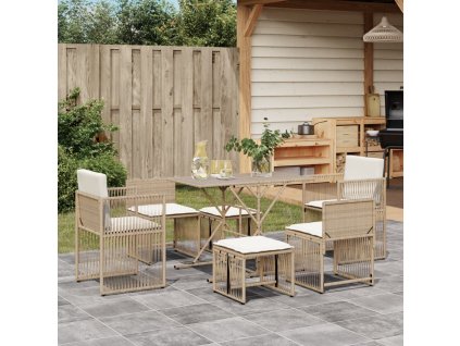 7dílný zahradní jídelní set s poduškami béžový polyratan 369013
