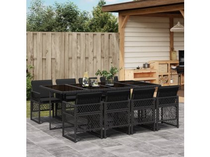 9dílný zahradní jídelní set s poduškami černý polyratan 3210739
