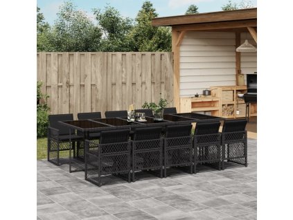 11dílný zahradní jídelní set s poduškami černý polyratan 3210751