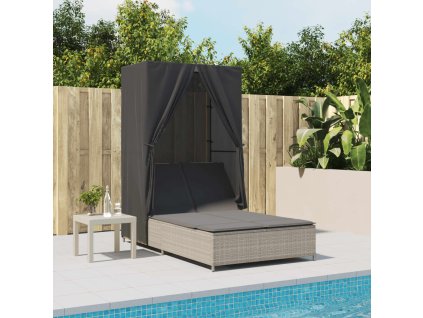 Dvojité lehátko se střechou a závěsy světle šedé polyratan 368104