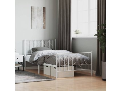 Kovový rám postele s hlavovým a nožním čelem bílý 100 x 190 cm 374498