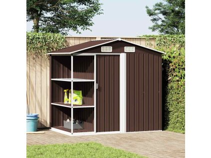 Zahradní domek s regálem hnědý 205 x 130 x 183 cm železo 47105