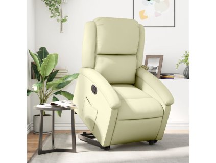 Elektrické zvedací polohovací křeslo krémové pravá kůže 3204272