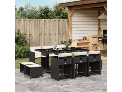 11dílný zahradní jídelní set s poduškami černý polyratan 3211146
