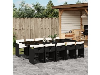11dílný zahradní jídelní set s poduškami černý polyratan 3211110