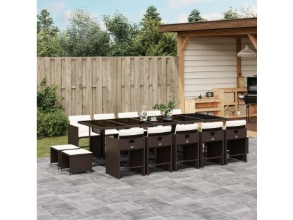 15dílný zahradní jídelní set s poduškami hnědý polyratan 3211173