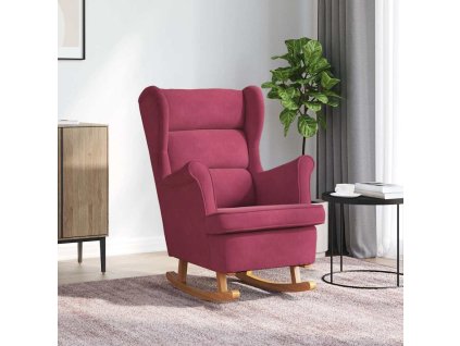 Houpací křeslo s opěradlem vínově červený samet a masivní dřevo 329368