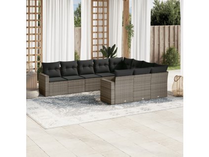 10dílná zahradní sedací souprava s poduškami šedá polyratan 3219480