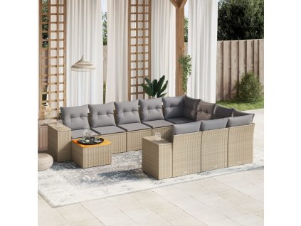 11dílný zahradní sedací souprava s poduškami béžový polyratan 3257963