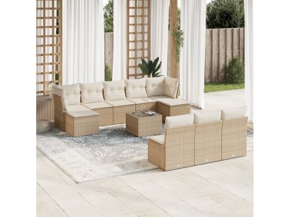11dílný zahradní sedací souprava s poduškami béžový polyratan 3218298